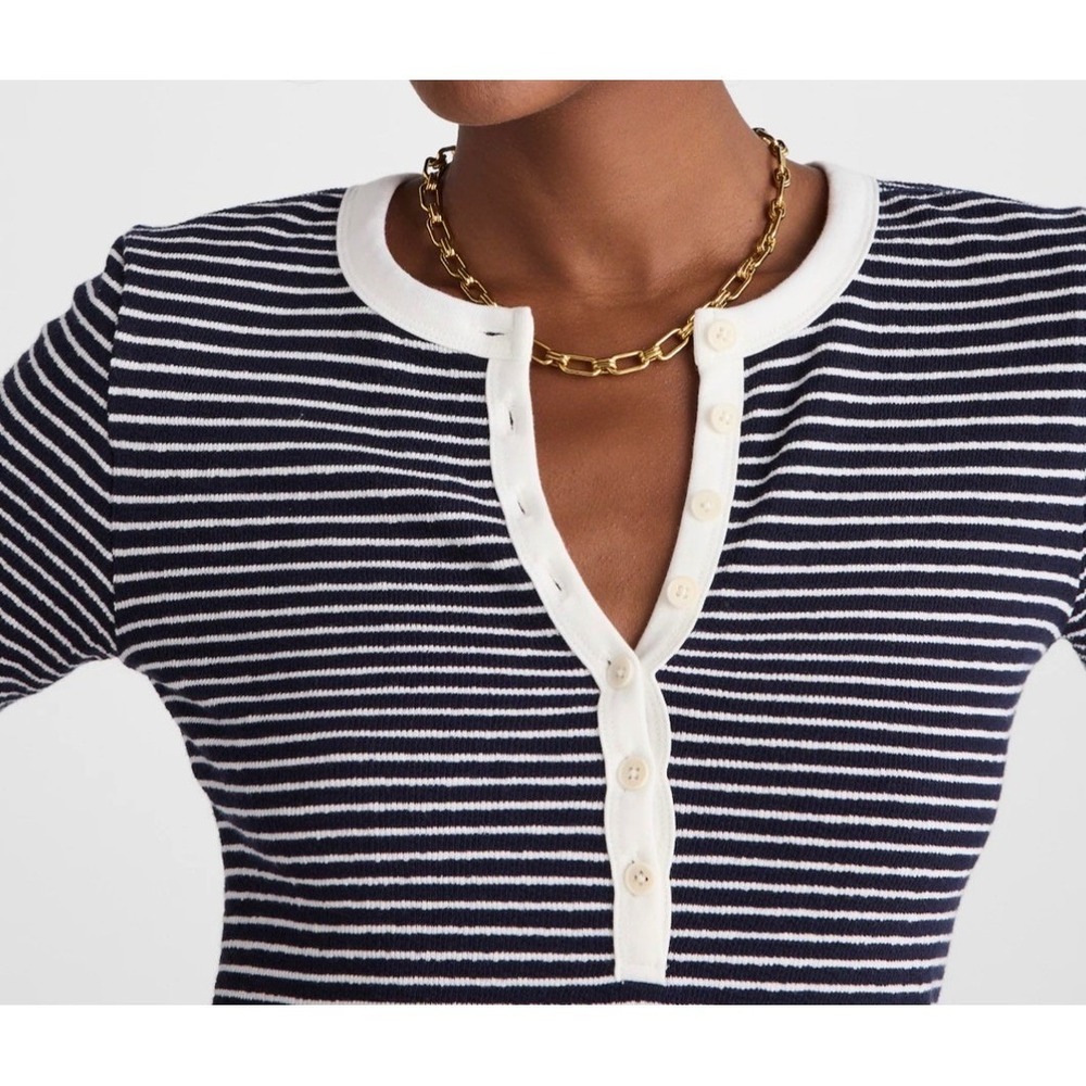 Madewell Blue White Striped Terry Cloth Henley Short Sleeve Top size XS NW863 - Picture 4 of 13